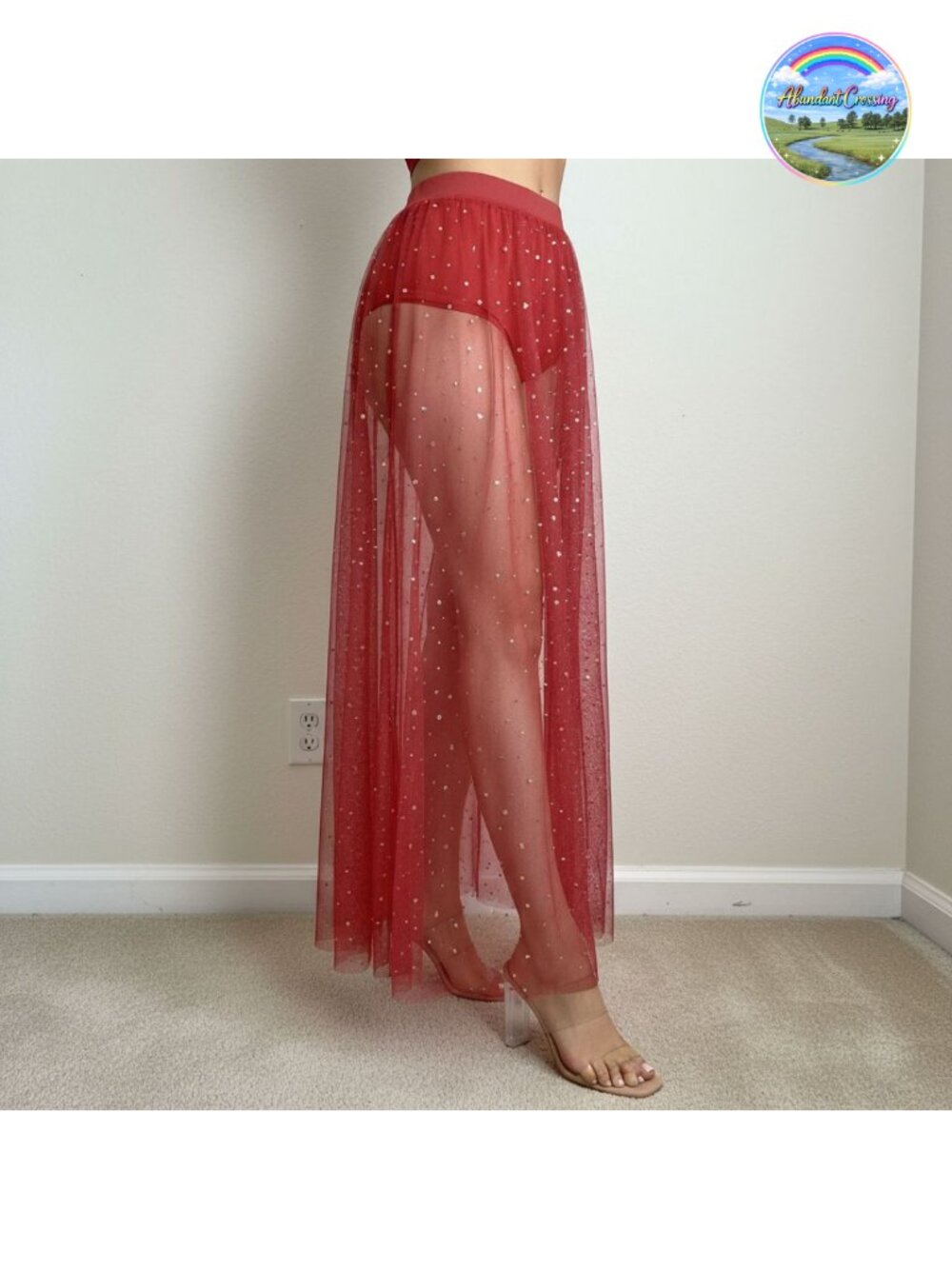 Sheer Mesh High Waist A-Line Maxi Skirt with Built-in Brief Liner Festival